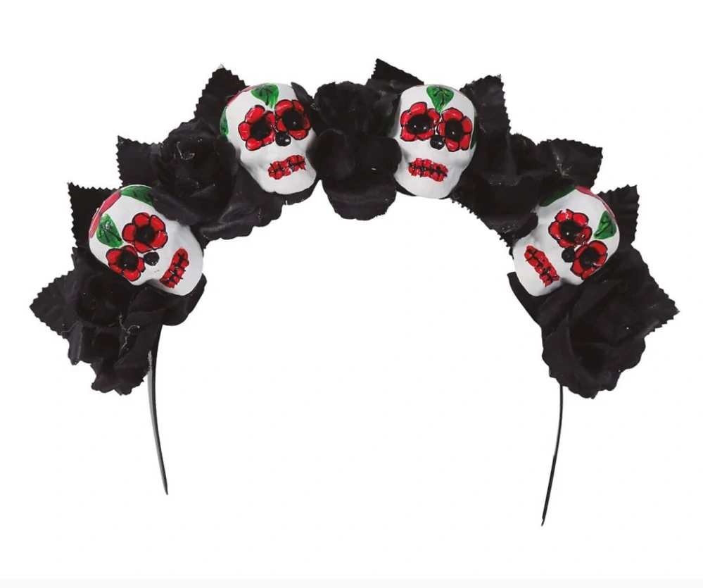 Čelenka na Halloween černé růže a lebky Día de los Muertos