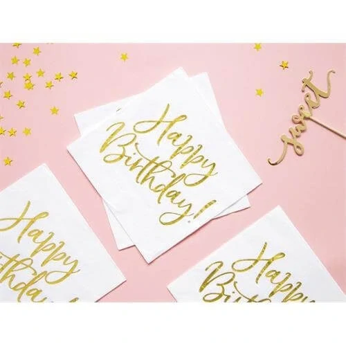 Papírové ubrousky bílé se zlatým Happy Birthday 20 ks