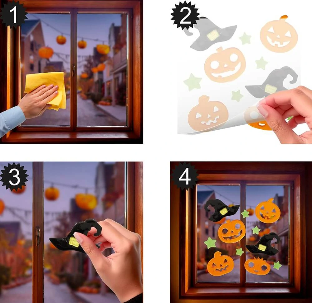 Halloweenská gelové dekorace na okno – dýně a klobouky