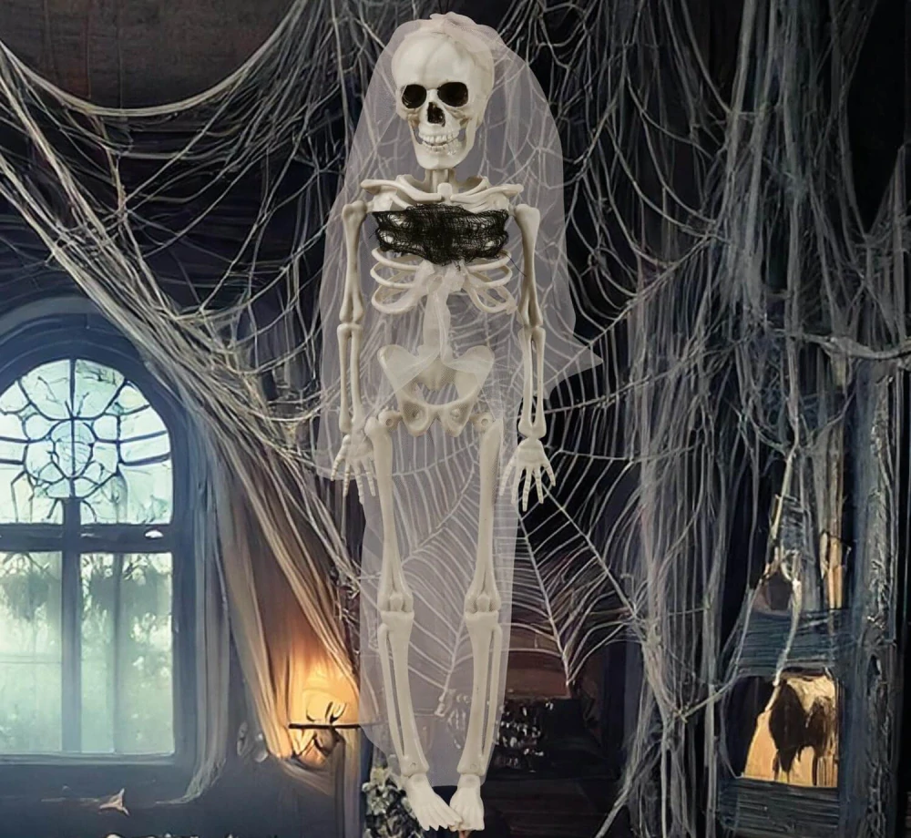 Závěsná halloweenská dekorace kostra - mrtvá nevěsta - 43 cm