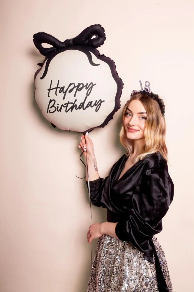 Fóliový balonek Happy Birthday s černou mašlí 45 cm