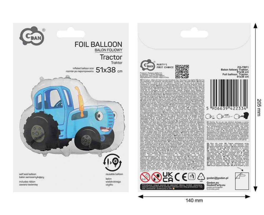 Fóliový balónek modrý Traktor 51 x 38 cm