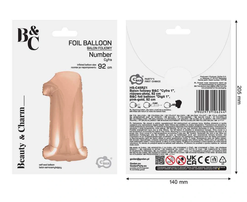 Fóliová číslice rosegold 1 - 92 cm
