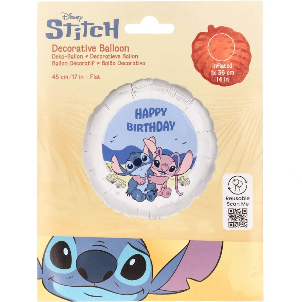 Fóliový balonek Stitch a Angel Happy Birthday kruh 45 cm