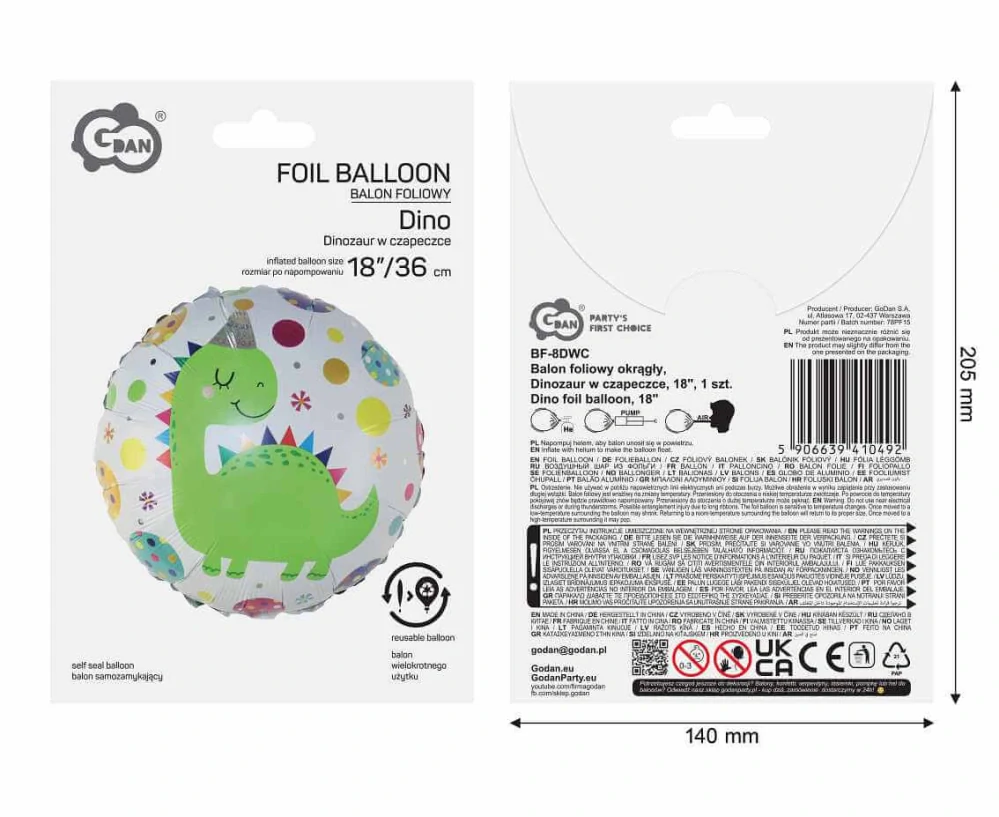 Fóliový balónek Dinosaurus s párty čepičkou 45 cm