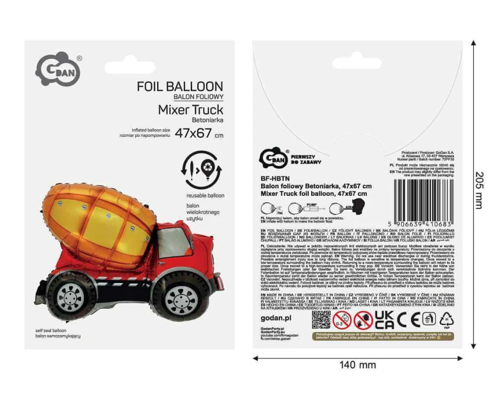 Foliový balonek Nákladní auto míchačka 47 x 67 cm