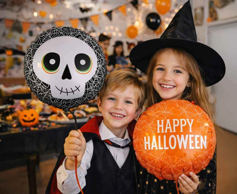 Fóliový balónek oboustranný Halloween Lebka a pavučina 46 cm