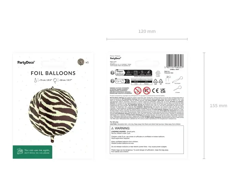 Fóliový balonek koule zebra 50 cm