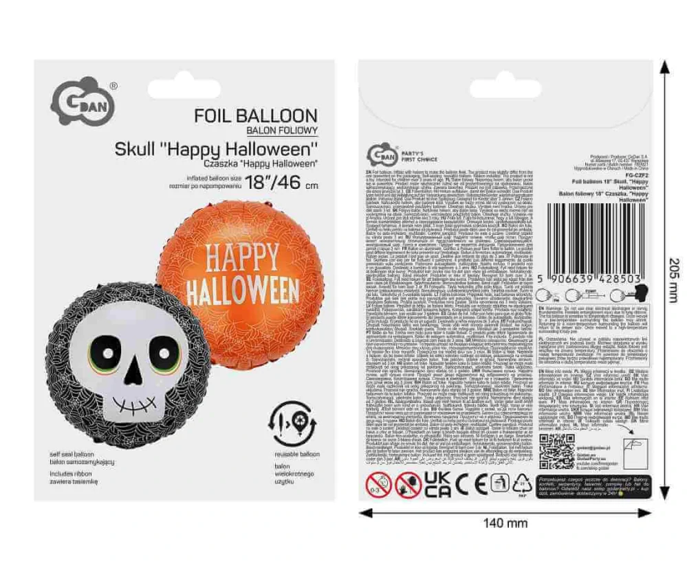 Fóliový balónek oboustranný Halloween Lebka a pavučina 46 cm