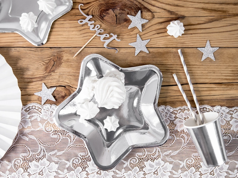 Talířky papírové "Hvězda" metalické stříbrné 18cm, 6ks