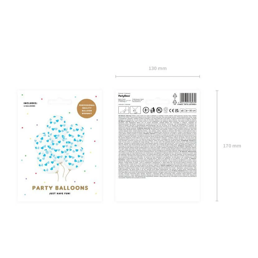 Latexové balonky průhledné s modrými srdíčky 30cm - 6 ks