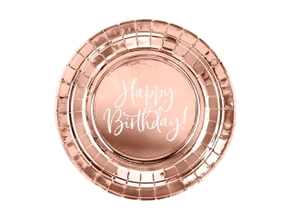 Papírové talířky metalické rose gold - Happy Birthday 6 ks