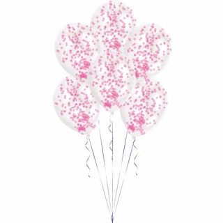 Latexové balonky průhledné s růžovými konfetami 30 cm - 6 ks