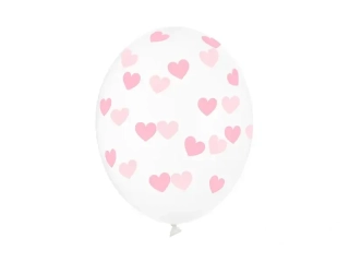 Latexové balonky průhledné s růžovými srdíčky 30cm - 6 ks