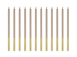 Dortové svíčky rovné rosegold se zlatým zdobením 12 ks