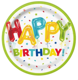 Papírové talíře konfetové Happy Birthday 18cm - 8ks