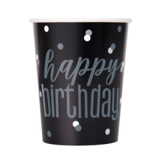 Kelímky papírové Glitz Happy Birthday - černé se stříbrnými tečkami - 8 ks