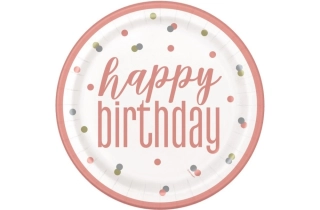 EKO Talířky papírové - Happy birthday rosegold puntíky 23cm 8ks