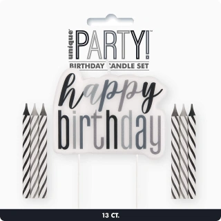 Set svíček Glitz - černo-stříbrné Happy Birthday 13ks