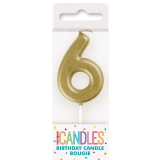 Svíčka dortová číslo 6 malá zlatá