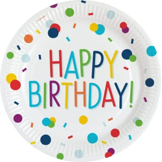 Papírové talíře Happy Birthday Barevné konfety 23 cm - 8 ks