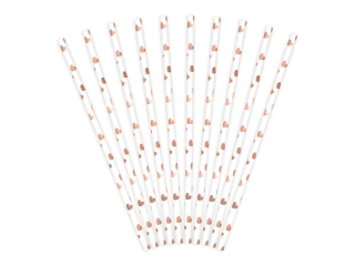 Papírová brčka bílá - Rose gold srdíčka - 10 ks