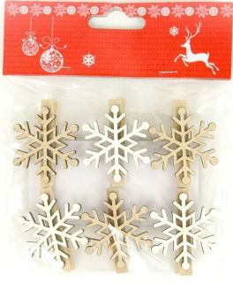 Dřevěná dekorace na kolíčku - Vločky - 6 ks