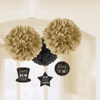 Pom pom z hedvábného papíru "Happy New Year" 40cm - 3ks