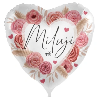 Fóliový balónek Miluji tě - růžové květy CZ - 43cm