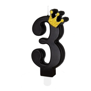 Dortová svíčka číslo 3 - černá s korunkou