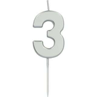 Svíčka dortová číslo 3 malá stříbrná