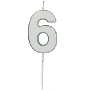 Svíčka dortová číslo 6 malá stříbrná