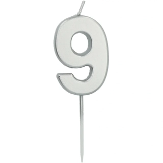 Svíčka dortová číslo 9 malá stříbrná