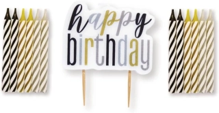 Svíčky dortové sada Happy Birthday zlato černo stříbrné 13 ks