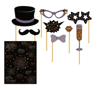 Rekvizity do fotokoutku Happy New Year s pozadím 9 ks