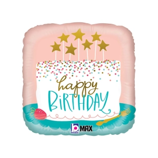 Fóliový balonek čtverec Happy Birthday dort růžový 46 cm