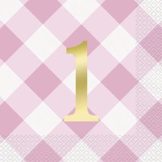 Papírové ubrousky 1. narozeniny karované růžové