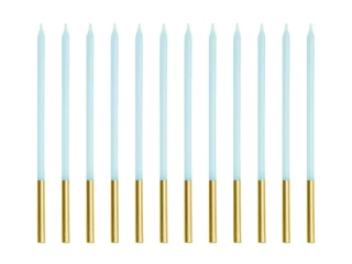 Dortové svíčky dlouhé svěle modré se zlatým zdobením 12 ks