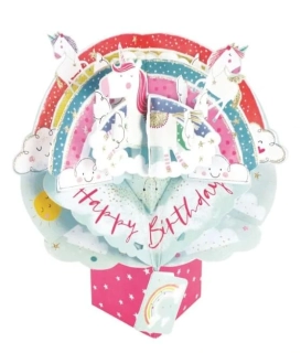 Narozeninové 3D přání Pop Up jednorožci s duhou