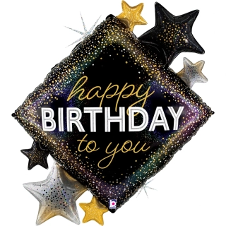 Foliový balonek Happy Birthday to You černý hvězdy 97 cm