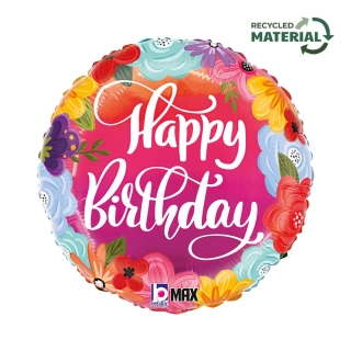 Fóliový balonek kruh Happy Birthday květiny 46 cm
