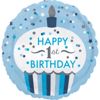 Foliový balonek Happy 1st birthday holografický modrý  43 cm