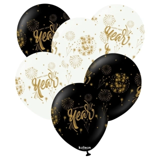 Latexové balonky bílo-černé Happy New Year ohňostroj 30 cm - 6 ks