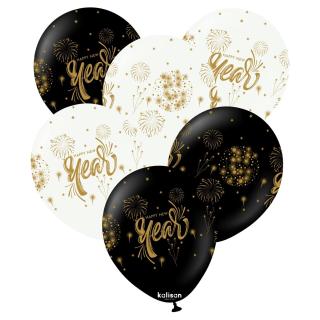 Dekorační balonky Happy New Year s ohňostrojem 30 cm 25 ks