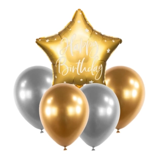 Balónkový set Happy Birthday zlatý a stříbrný 5 ks