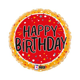 Fóliový balónek Happy Birthday kruh červený s konfety 46 cm