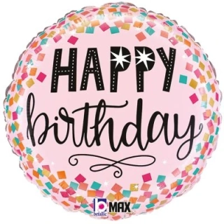 Fóliový balónek kruh Happy Birthday růžový s konfetami 46 cm