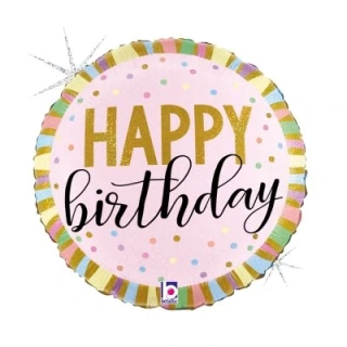 Fóliový balónek kruh pastelový s puntíky Happy Birthday 46 cm