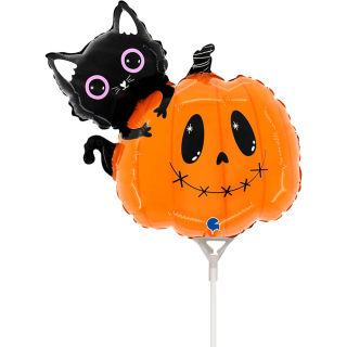 Foliový balonek MINI Halloween - kočka s dýní 26 x 27 cm