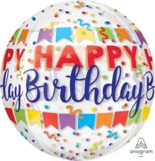 Foliový balonek koule konfetový Happy Birthday 40 cm